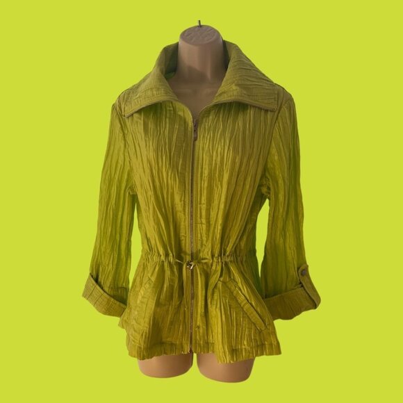 Lark Lane Crinkled Kiwi Green Drawstring Waist Zippered Long Sleeve Jacket 10 - Picture 1 of 7
